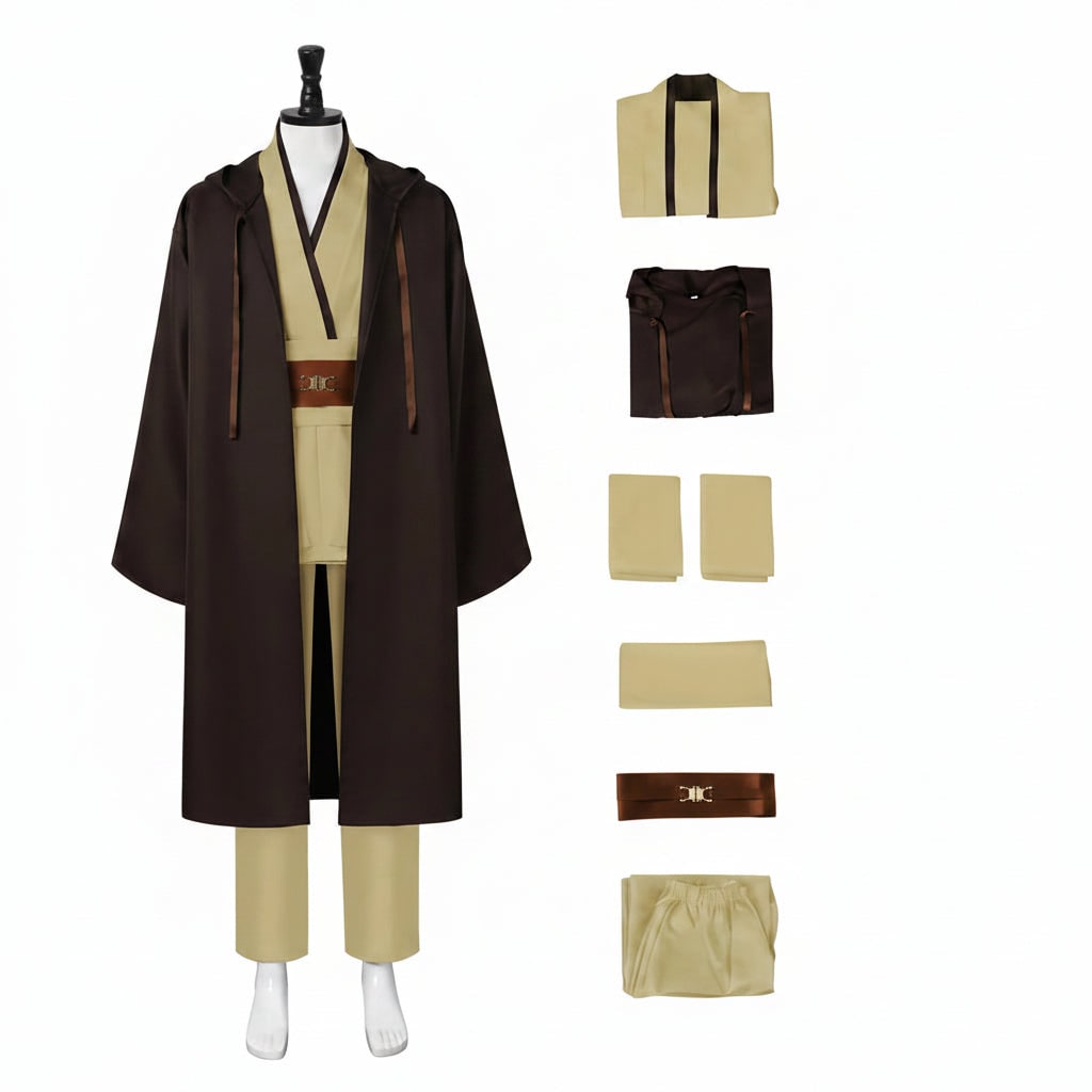 Hooded Robe Cosplay Costume Set with Wrap Tunic Shoulder Tabards and Buckle Belt