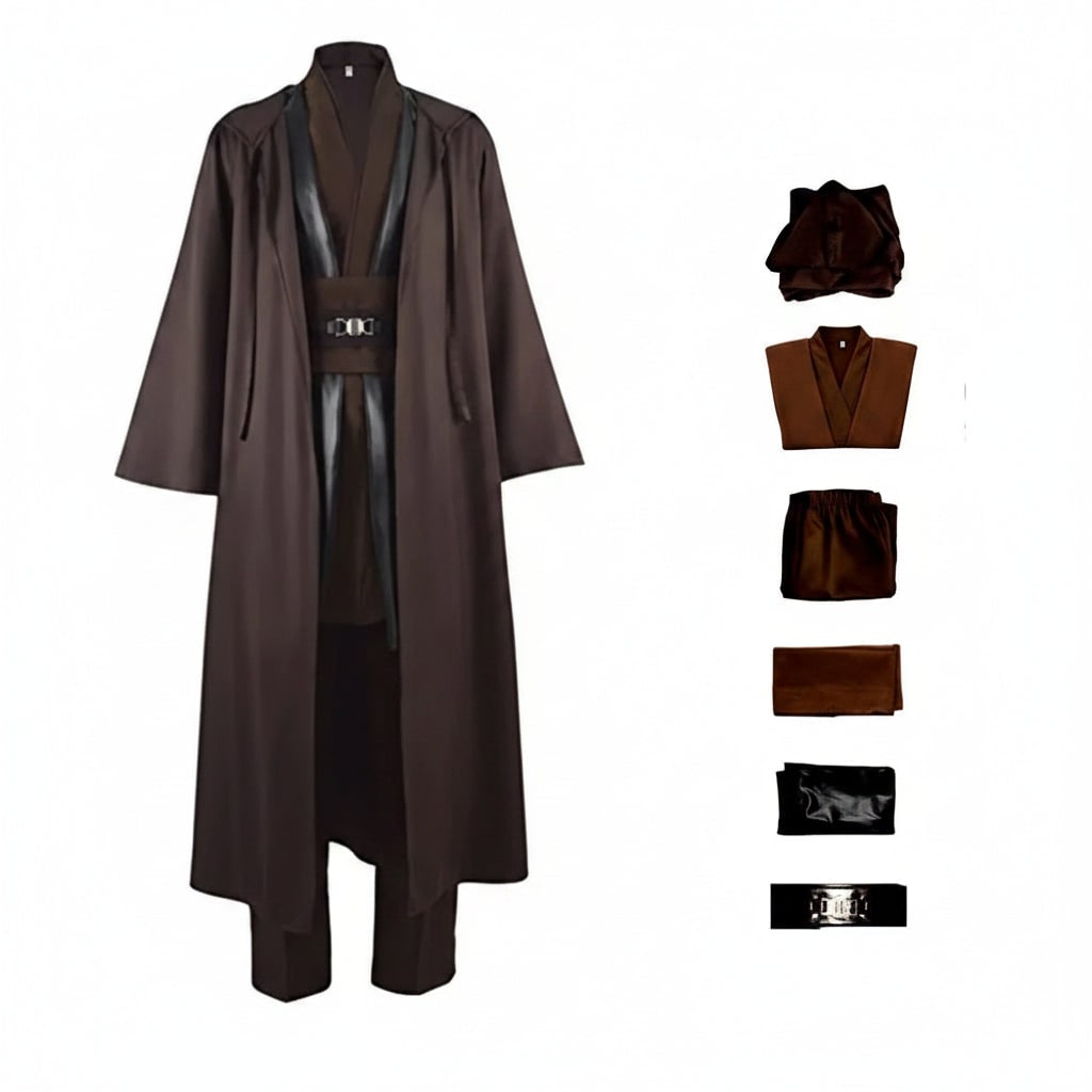 Hooded Robe Cosplay Costume Set with Wrap Tunic Shoulder Tabards and Buckle Belt
