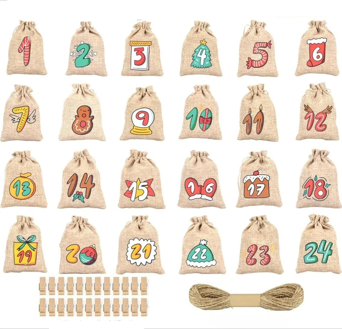 Advent Calendar Jute Drawstring Bags to Fill and Hang in a Row