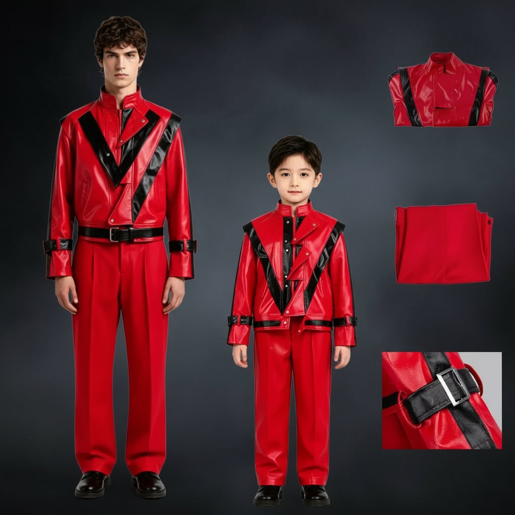 Kids Halloween Costume Faux Leather Jacket and Pants Two Piece Set with Buckles