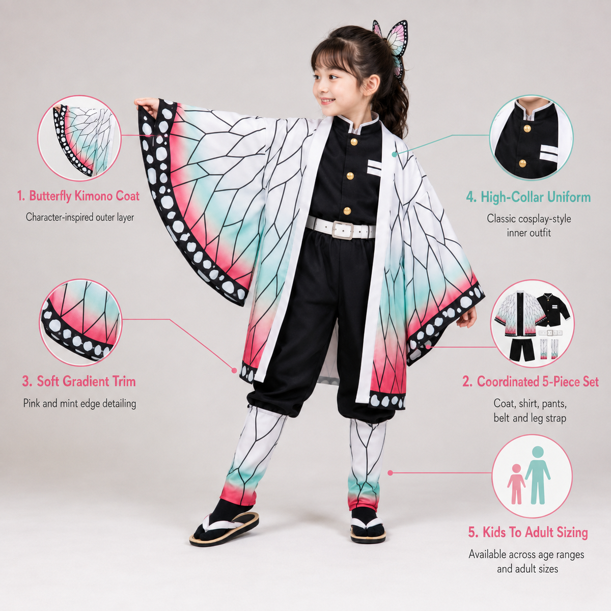 Butterfly Kimono Jacket Costume Five Piece Anime Set with Belt and Leg Wraps