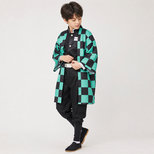 Anime Costumes for Halloween Checkered Haori Jacket Set with Wig and LED Mask