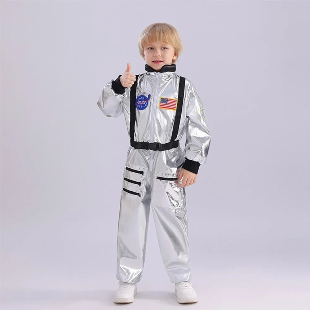 Kids Astronaut Costume Full Length Jumpsuit with Mission Patches and Zip Front