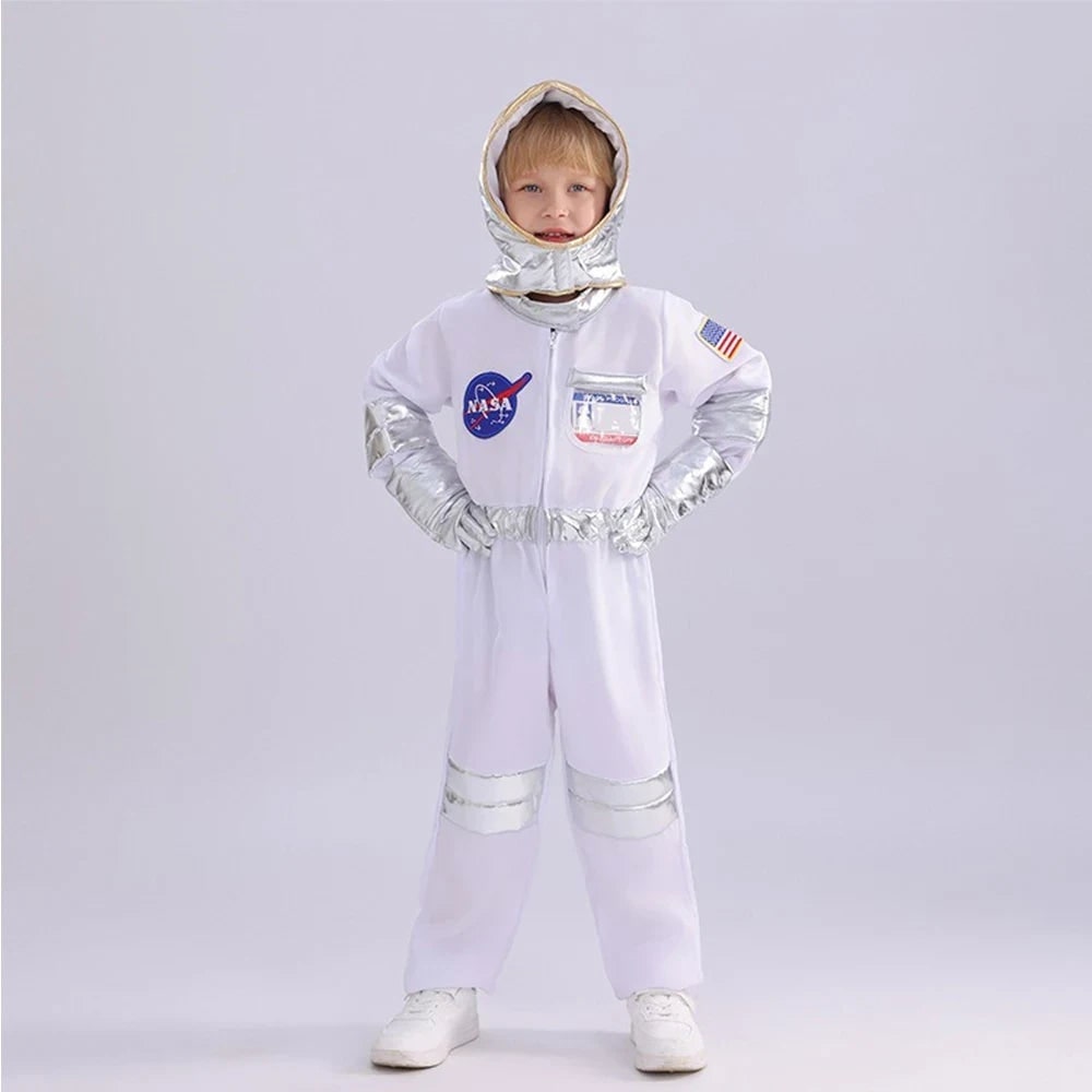 Kids Astronaut Costume Full Length Jumpsuit with Mission Patches and Zip Front