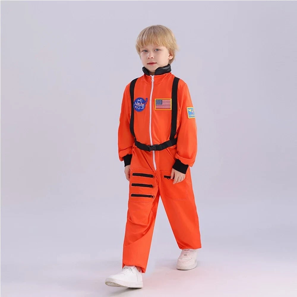 Kids Astronaut Costume Full Length Jumpsuit with Mission Patches and Zip Front