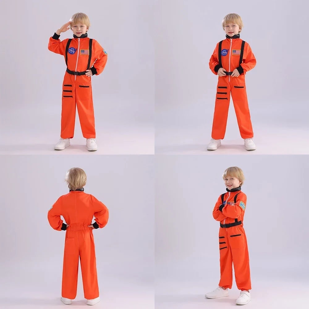 Kids Astronaut Costume Full Length Jumpsuit with Mission Patches and Zip Front