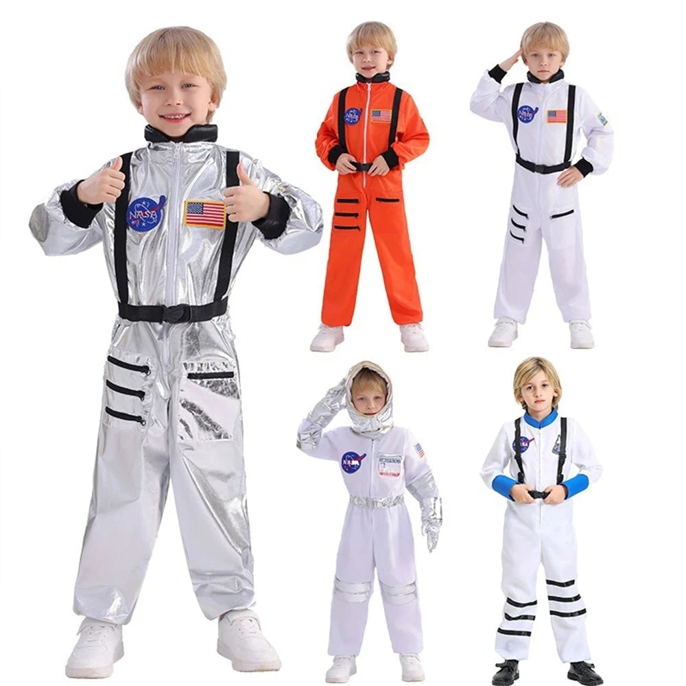 Kids Astronaut Costume Full Length Jumpsuit with Mission Patches and Zip Front