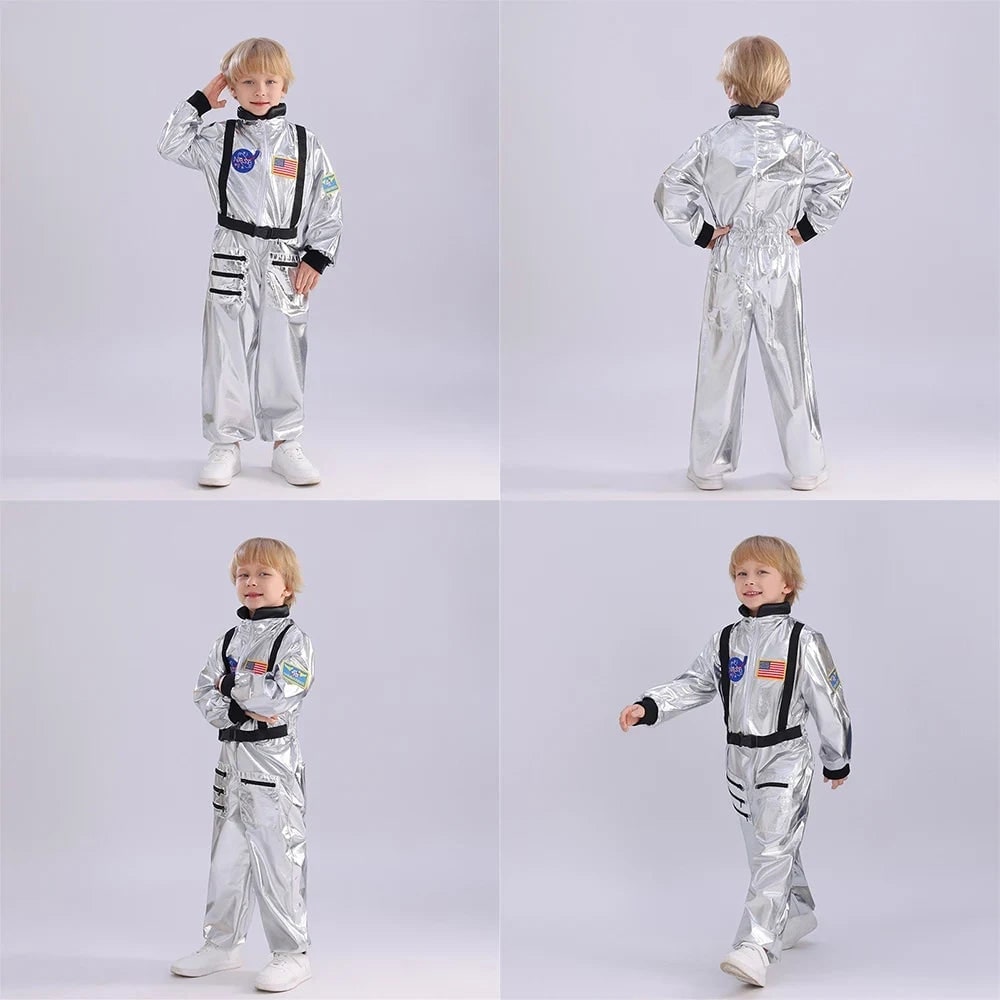 Kids Astronaut Costume Full Length Jumpsuit with Mission Patches and Zip Front