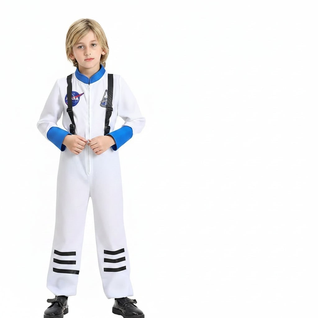 Kids Astronaut Costume Full Length Jumpsuit with Mission Patches and Zip Front