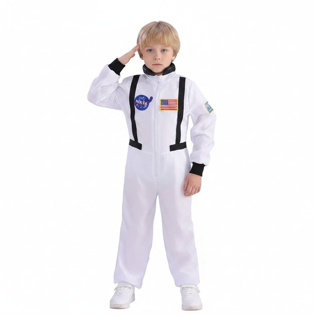 Kids Astronaut Costume Full Length Jumpsuit with Mission Patches and Zip Front