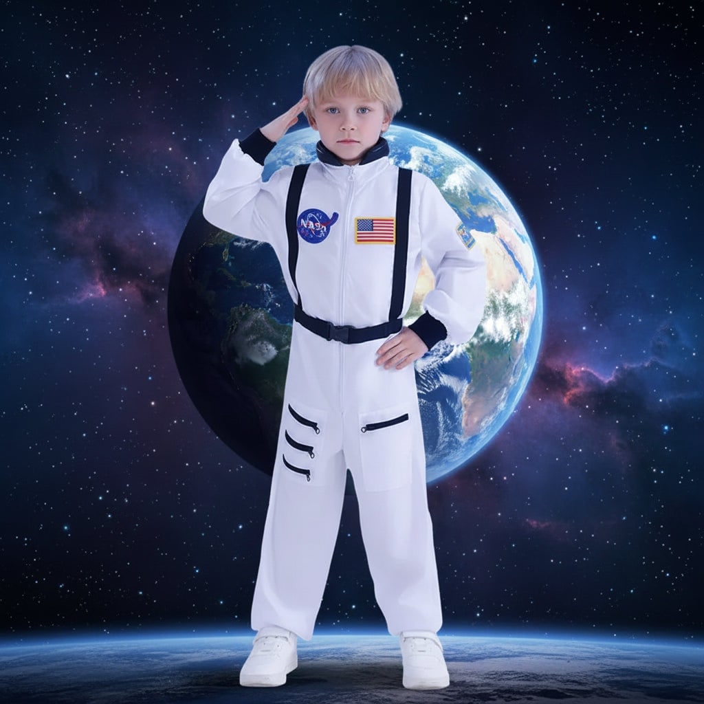 Kids Halloween Space Suit Costume Jumpsuit with Flag Patches and Zip Front