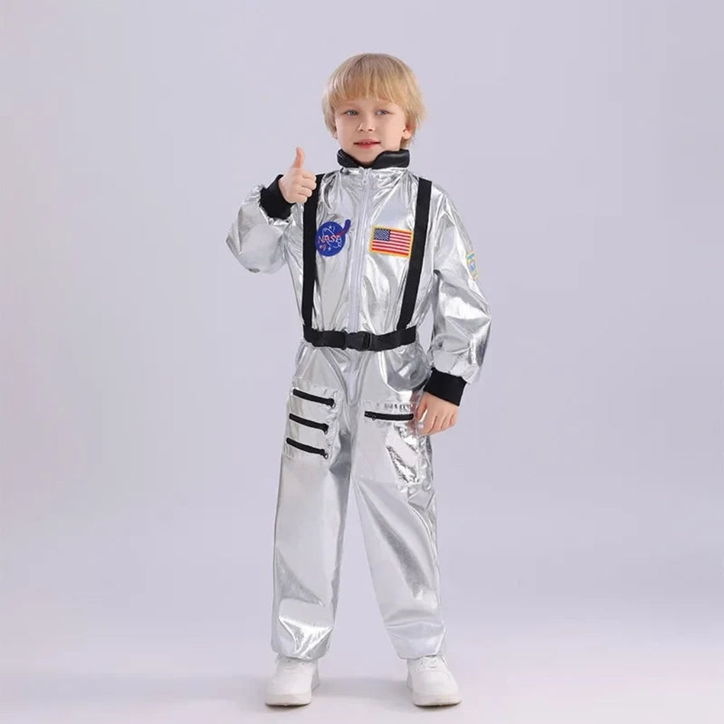 Kids Halloween Space Suit Costume Jumpsuit with Flag Patches and Zip Front