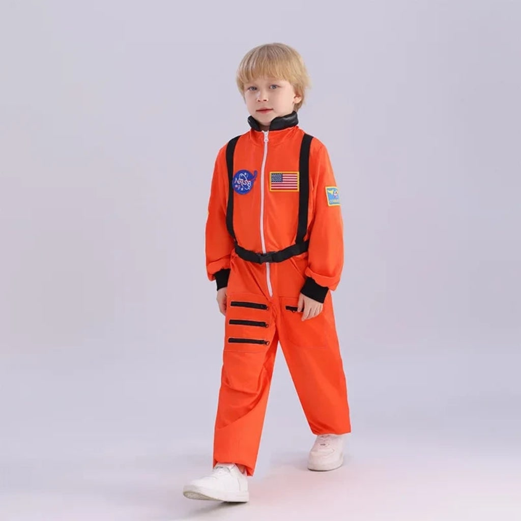 Kids Halloween Space Suit Costume Jumpsuit with Flag Patches and Zip Front