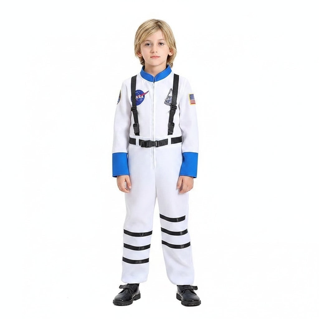 Kids Halloween Space Suit Costume Jumpsuit with Flag Patches and Zip Front