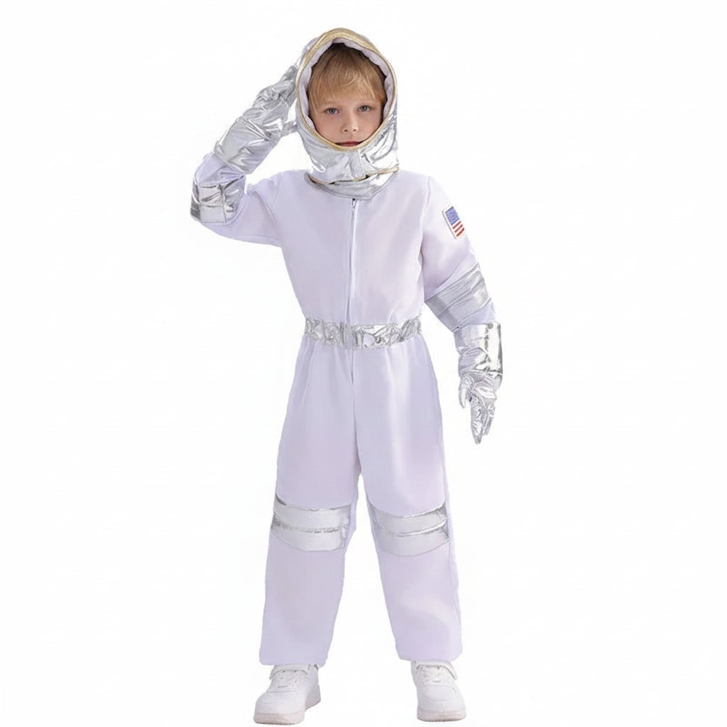 Kids Halloween Space Suit Costume Jumpsuit with Flag Patches and Zip Front