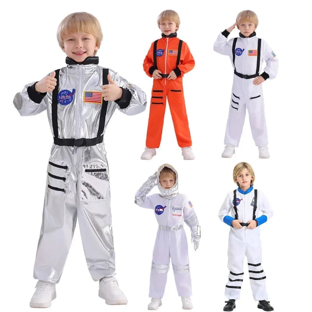 Kids Halloween Space Suit Costume Jumpsuit with Flag Patches and Zip Front