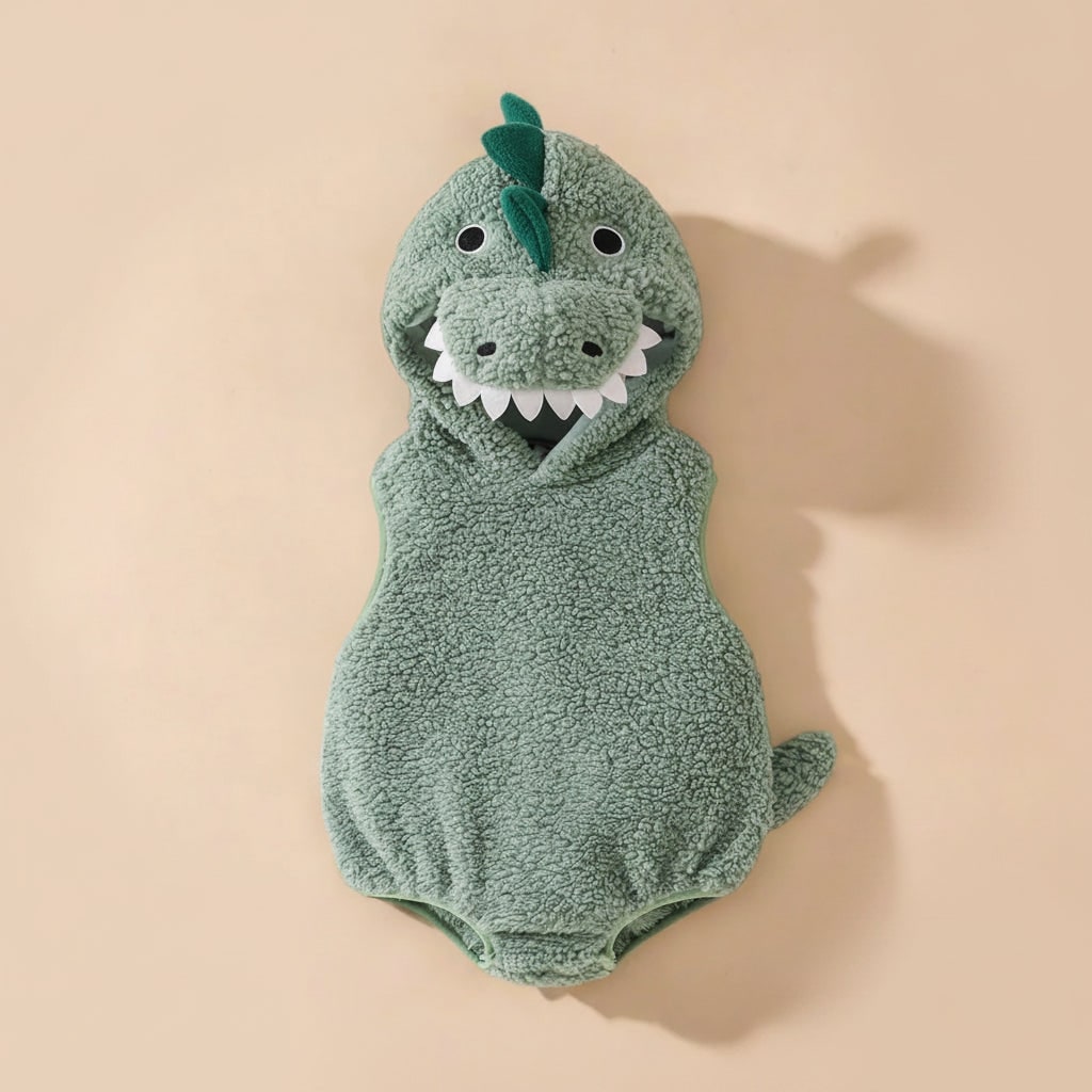 Baby Dinosaur Halloween Costume Hooded Romper with Sherpa Fleece Spikes and Tail