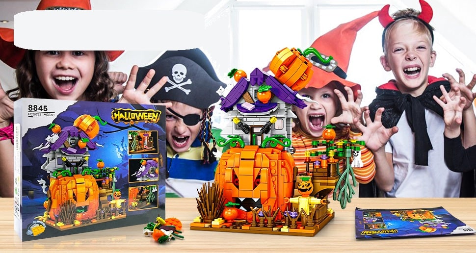 Halloween Magnetic Tiles Building Blocks Set with Pumpkin House and Spooky Figures