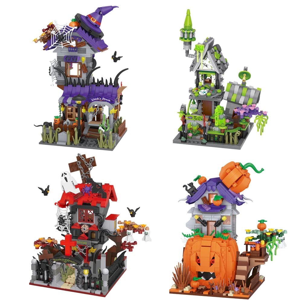 Halloween Magnetic Tiles Building Blocks Set with Pumpkin House and Spooky Figures