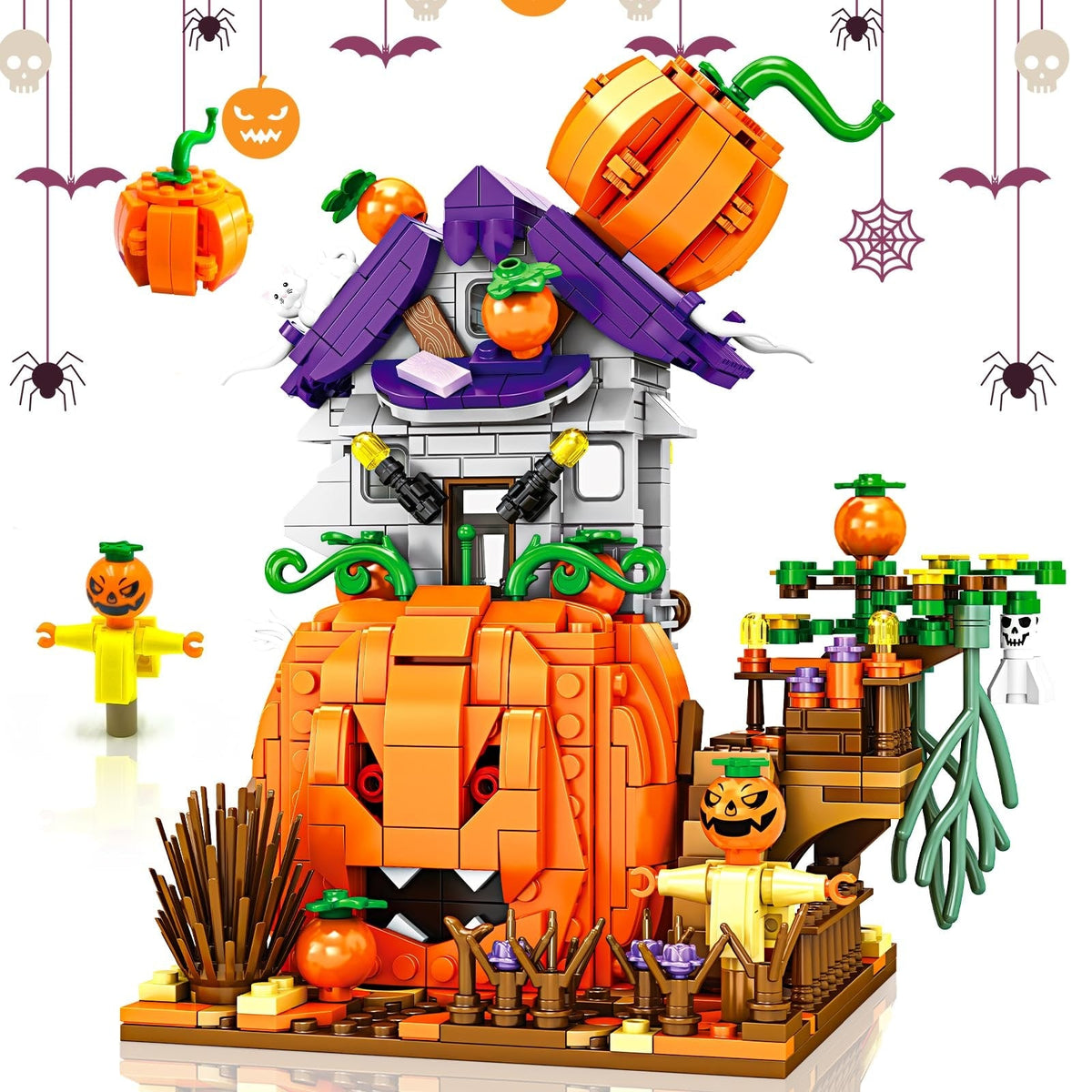 Halloween Magnetic Tiles Building Blocks Set with Pumpkin House and Spooky Figures