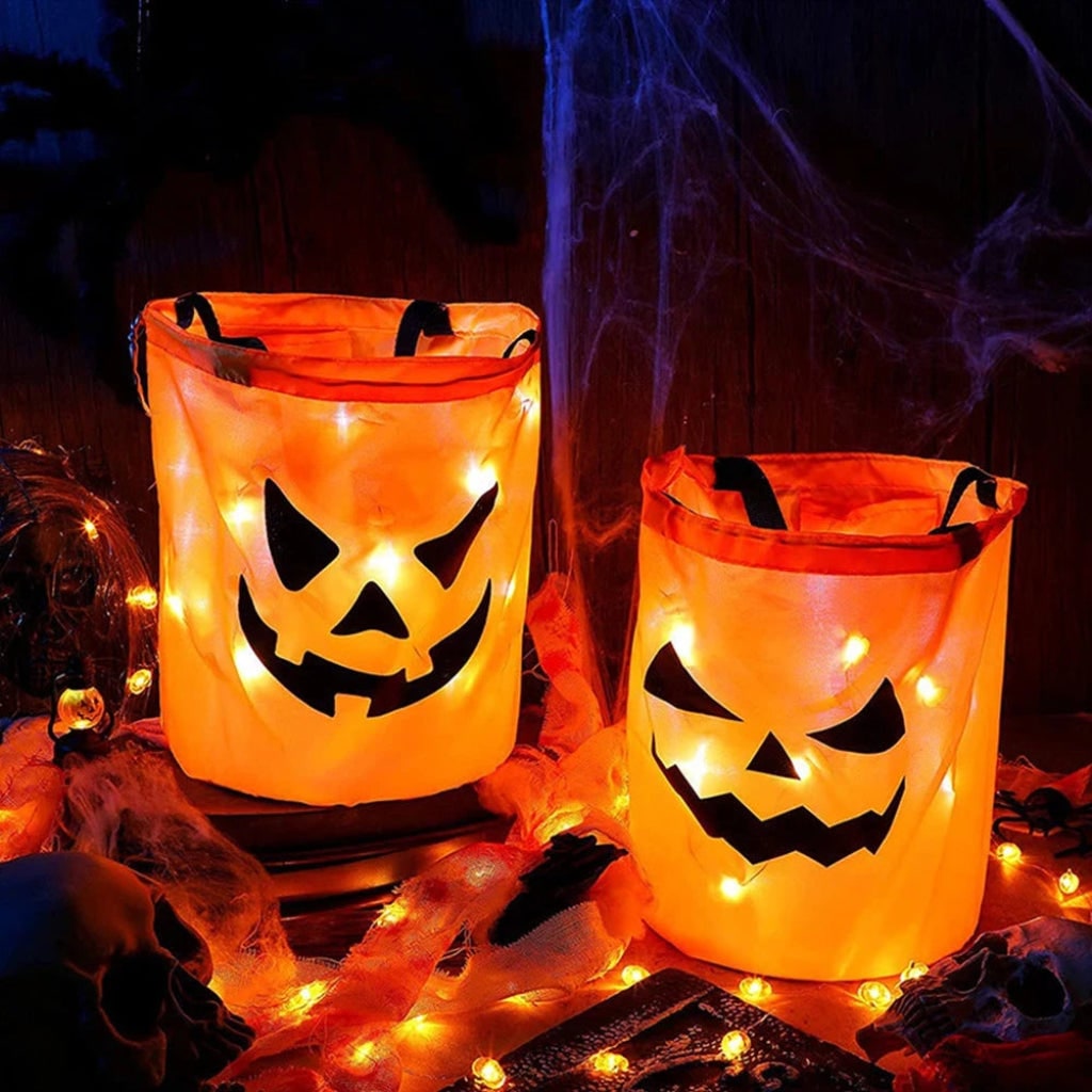 Bags for Halloween Trick and Treat Party with LED Pumpkin Lights Reusable Candy Bucket
