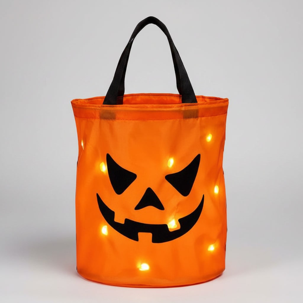 Light Up Trick or Treat Bucket with Glowing Pumpkin Face and Sturdy Handles