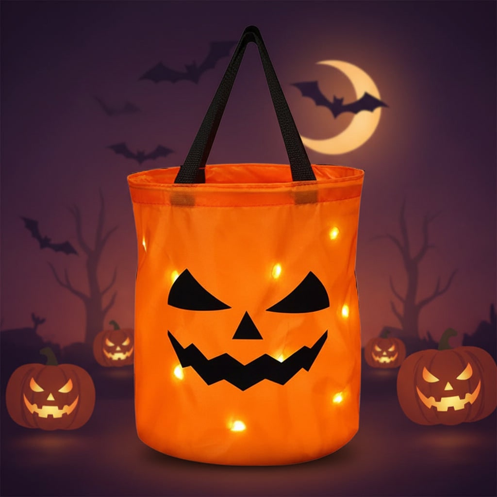 Light Up Trick or Treat Bucket with Glowing Pumpkin Face and Sturdy Handles