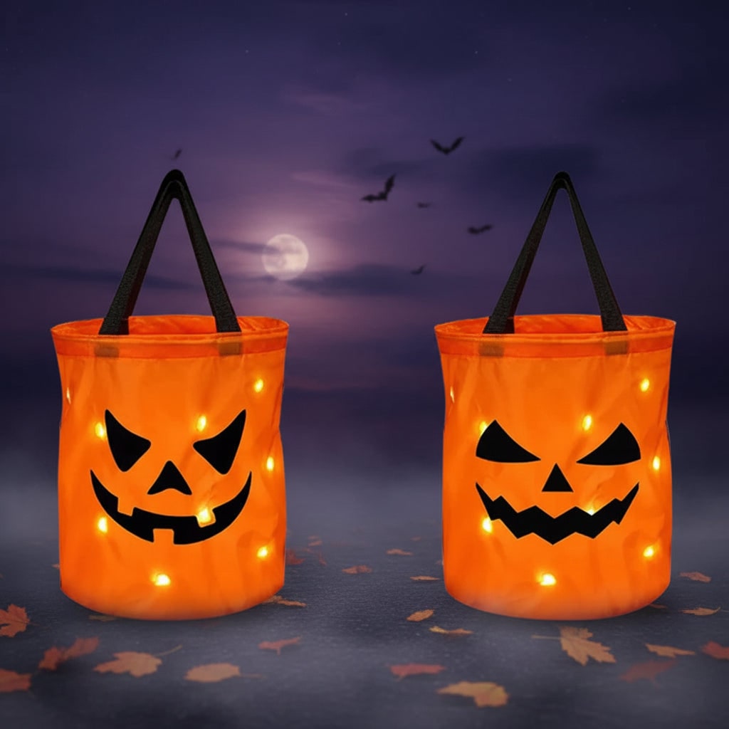 Light Up Trick or Treat Bucket with Glowing Pumpkin Face and Sturdy Handles