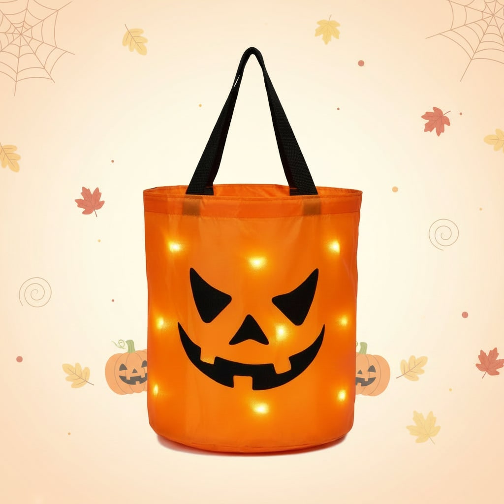 Light Up Trick or Treat Bucket with Glowing Pumpkin Face and Sturdy Handles