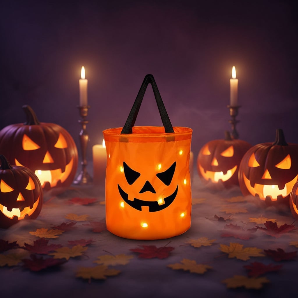 Light Up Trick or Treat Bucket with Glowing Pumpkin Face and Sturdy Handles