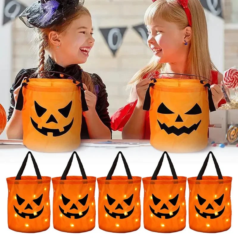 Glowing Pumpkin Candy Bucket and Bag for Halloween Trick or Treat Nights