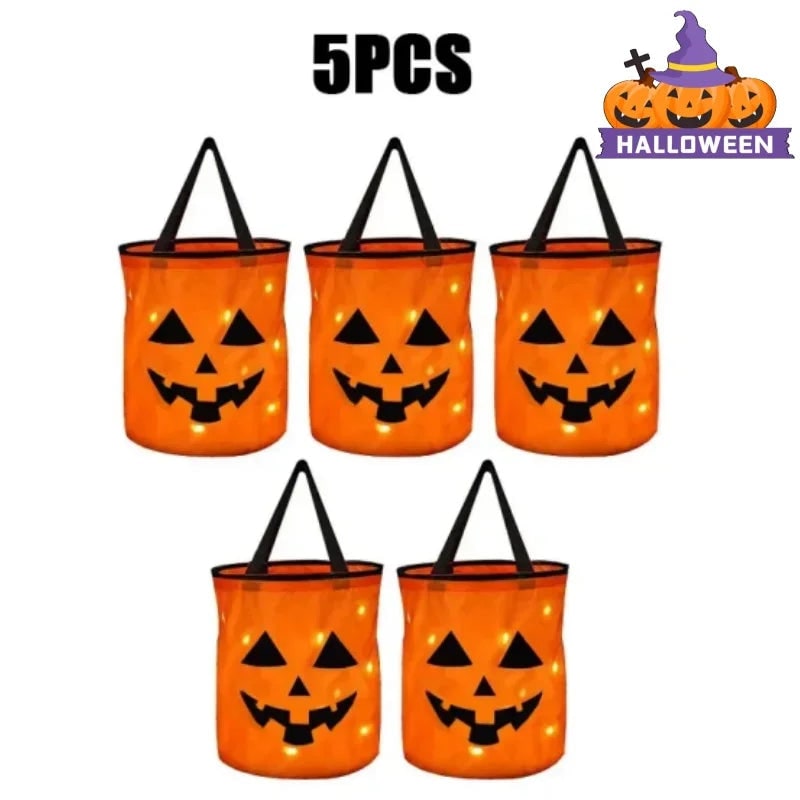 Glowing Pumpkin Candy Bucket and Bag for Halloween Trick or Treat Nights