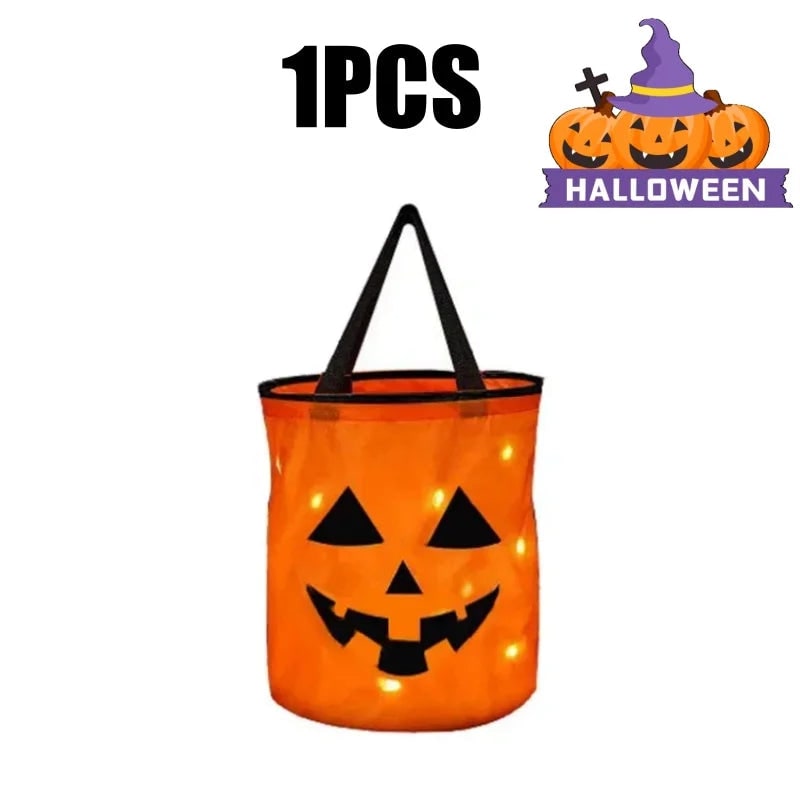 Glowing Pumpkin Candy Bucket and Bag for Halloween Trick or Treat Nights