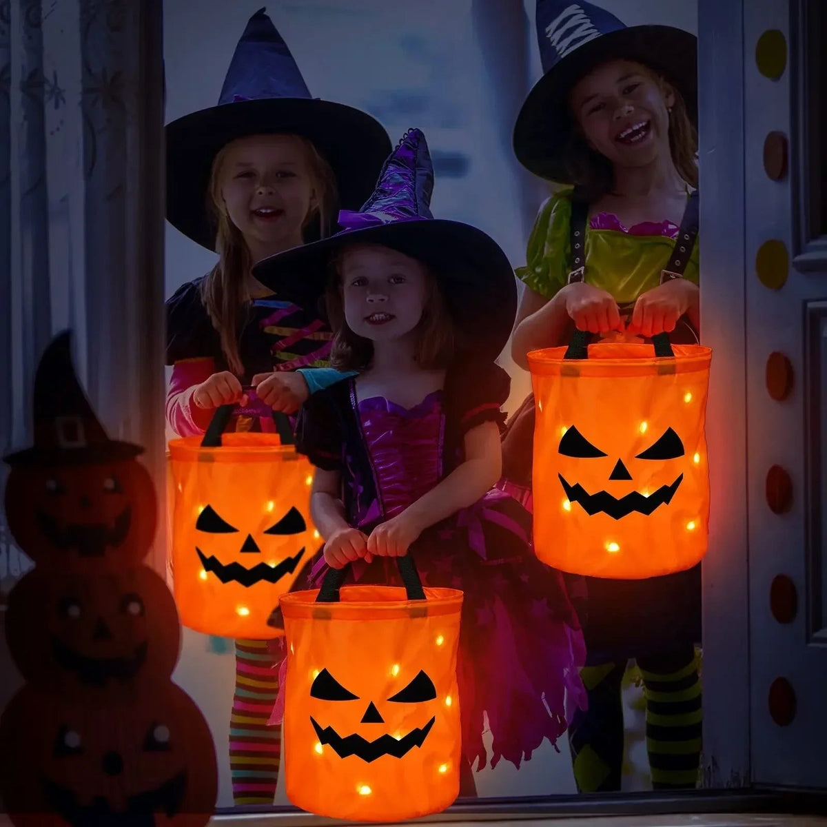 Glowing Pumpkin Candy Bucket and Bag for Halloween Trick or Treat Nights