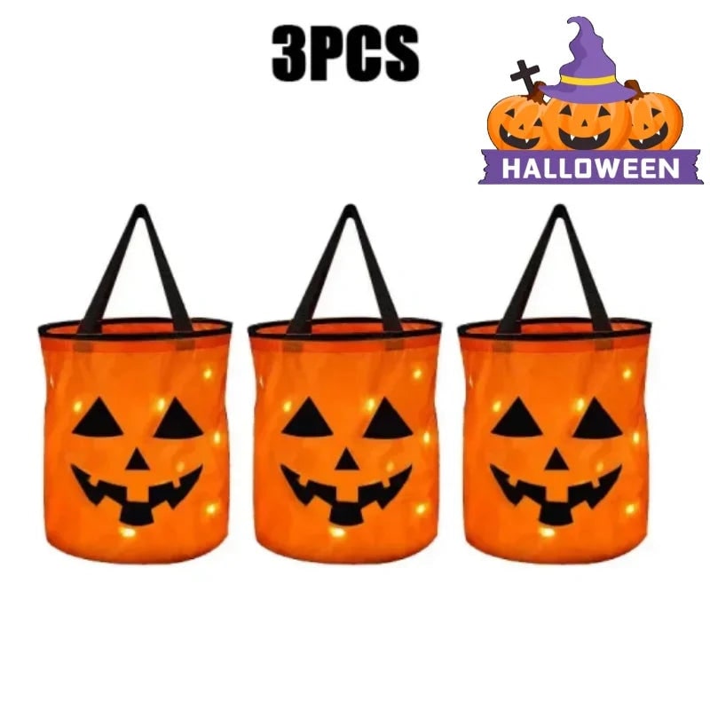 Glowing Pumpkin Candy Bucket and Bag for Halloween Trick or Treat Nights