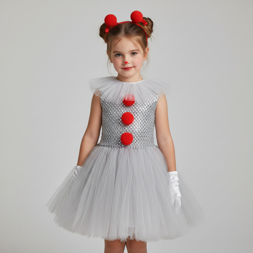 Clown Halloween Costume Girls Tutu Dress with Hair Clips Gloves and Ruffled Collar