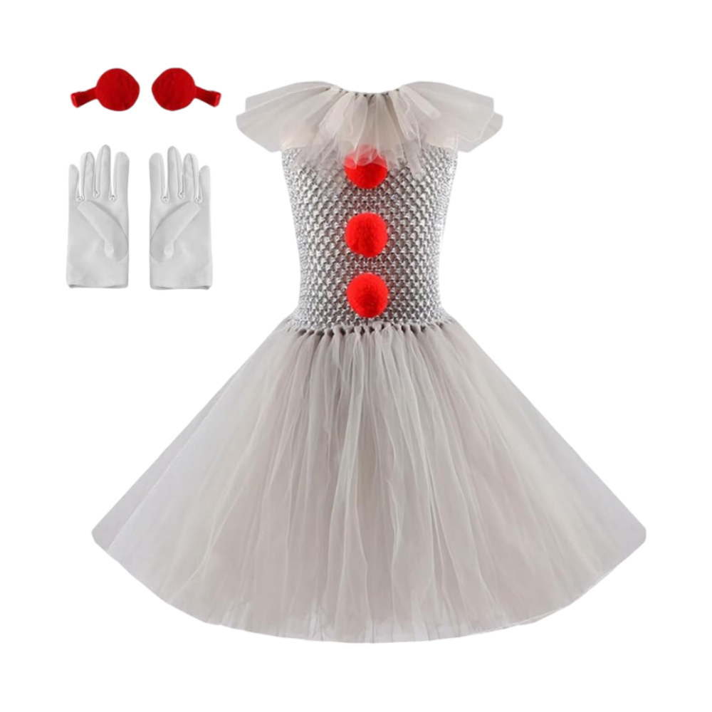 Clown Halloween Costume Girls Tutu Dress with Hair Clips Gloves and Ruffled Collar