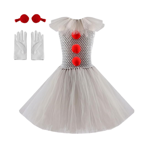 Clown Halloween Costume Girls Tutu Dress with Hair Clips Gloves and Ruffled Collar