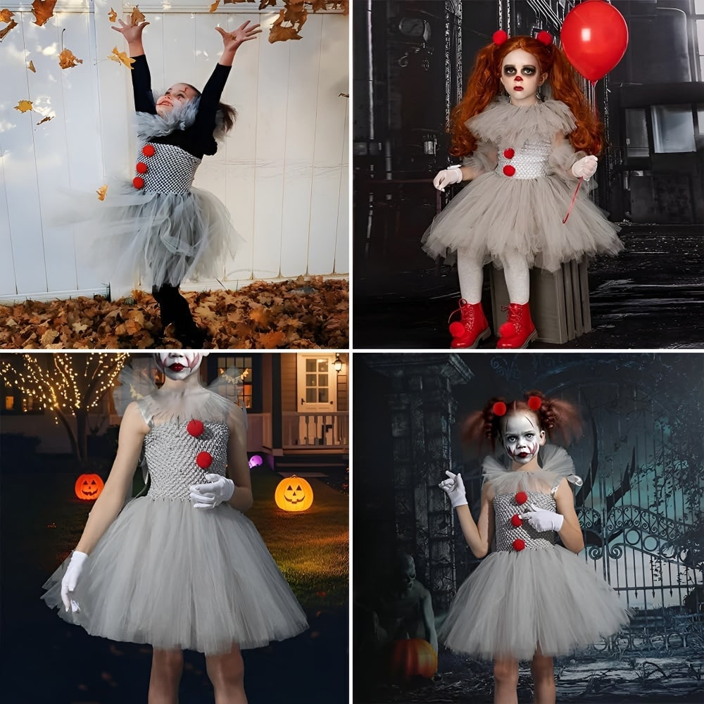 Clown Halloween Costume Girls Tutu Dress with Hair Clips Gloves and Ruffled Collar