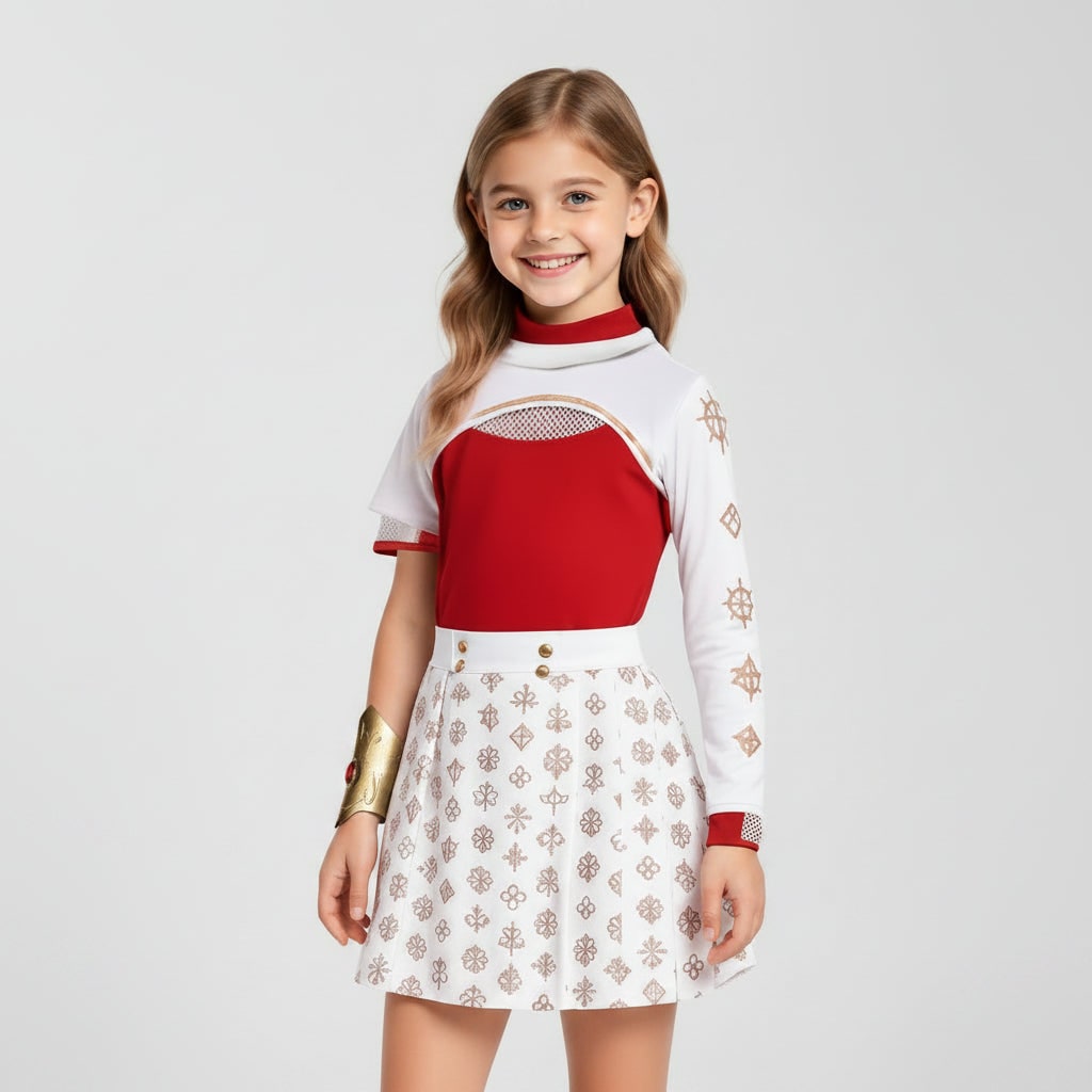 Kids Halloween Costumes Anime Cosplay Set with Red High-Neck Top Pleated Skirt and Wig