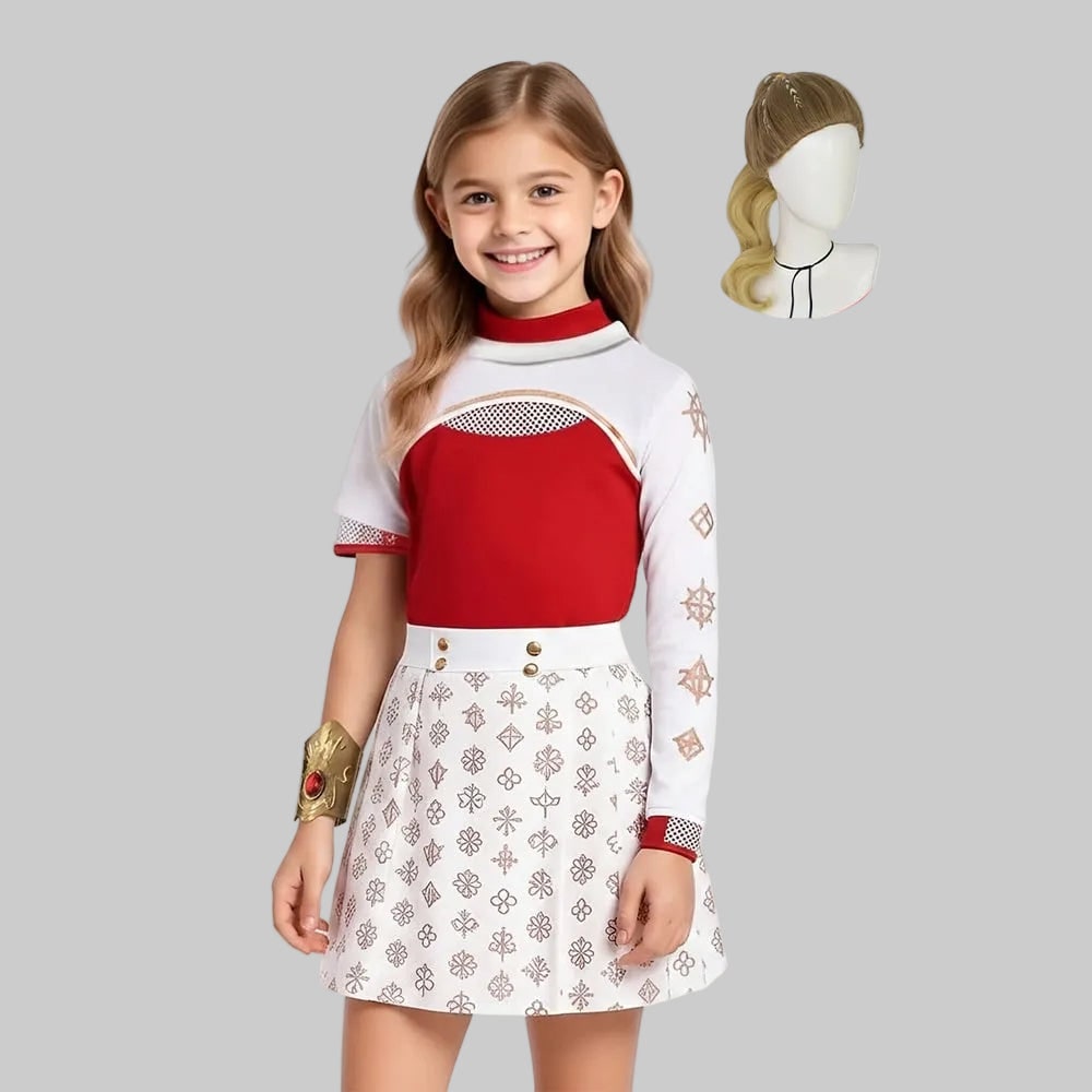Kids Halloween Costumes Anime Cosplay Set with Red High-Neck Top Pleated Skirt and Wig