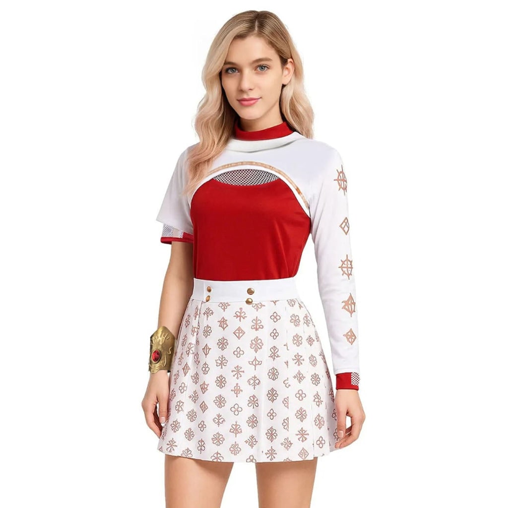 Kids Halloween Costumes Anime Cosplay Set with Red High-Neck Top Pleated Skirt and Wig