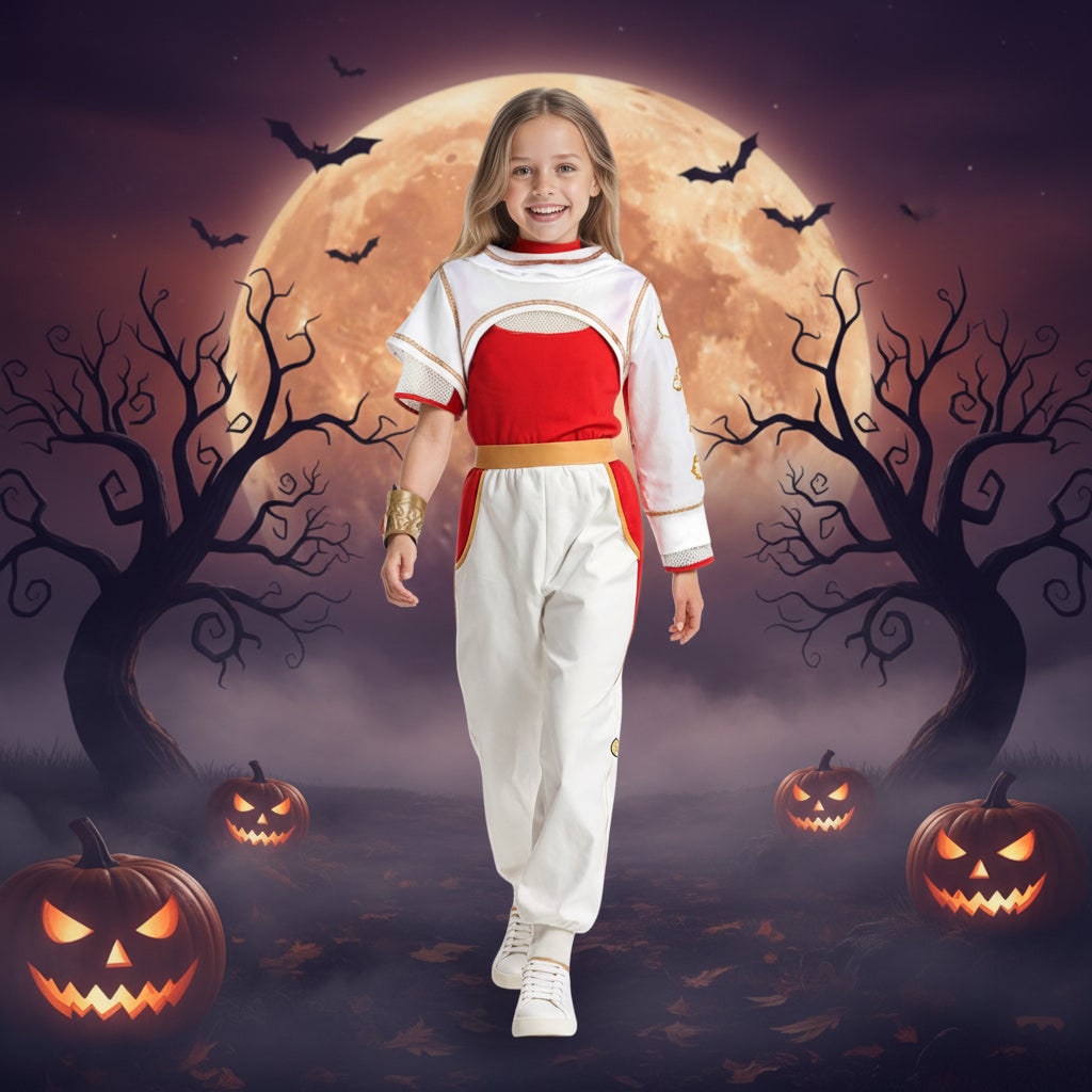 Kids Halloween Costumes Cosplay Jumpsuit with Blonde Wig Gold Wrist Cuff and Jogger Trousers