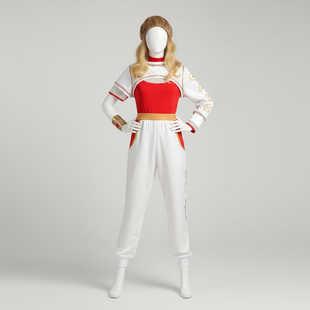 Kids Halloween Costumes Cosplay Jumpsuit with Blonde Wig Gold Wrist Cuff and Jogger Trousers