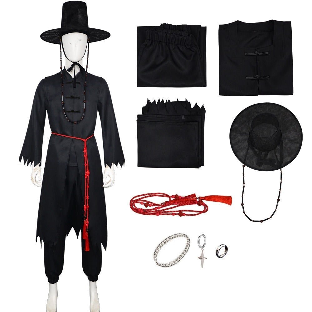 Kids Halloween Costumes Korean Hanbok Cosplay Set with Hat and Silver Chain Detail