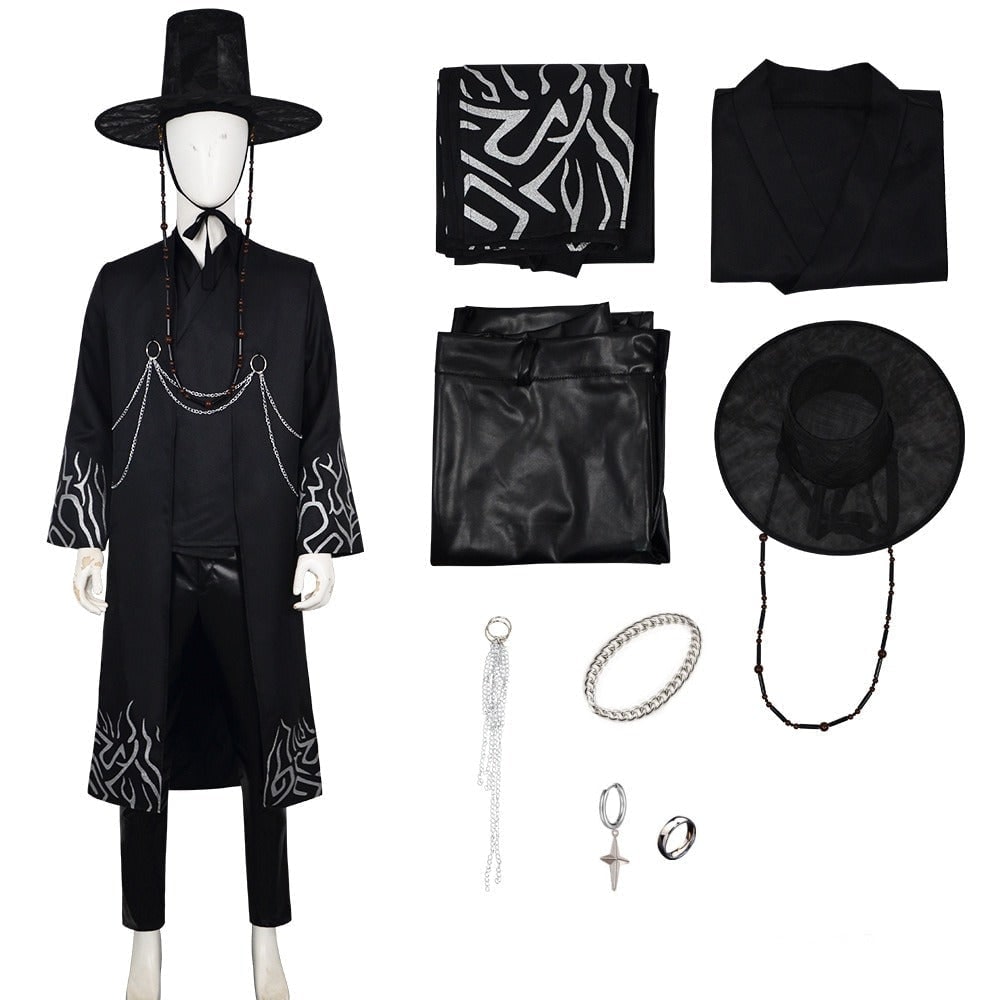 Kids Halloween Costumes Korean Hanbok Cosplay Set with Hat and Silver Chain Detail