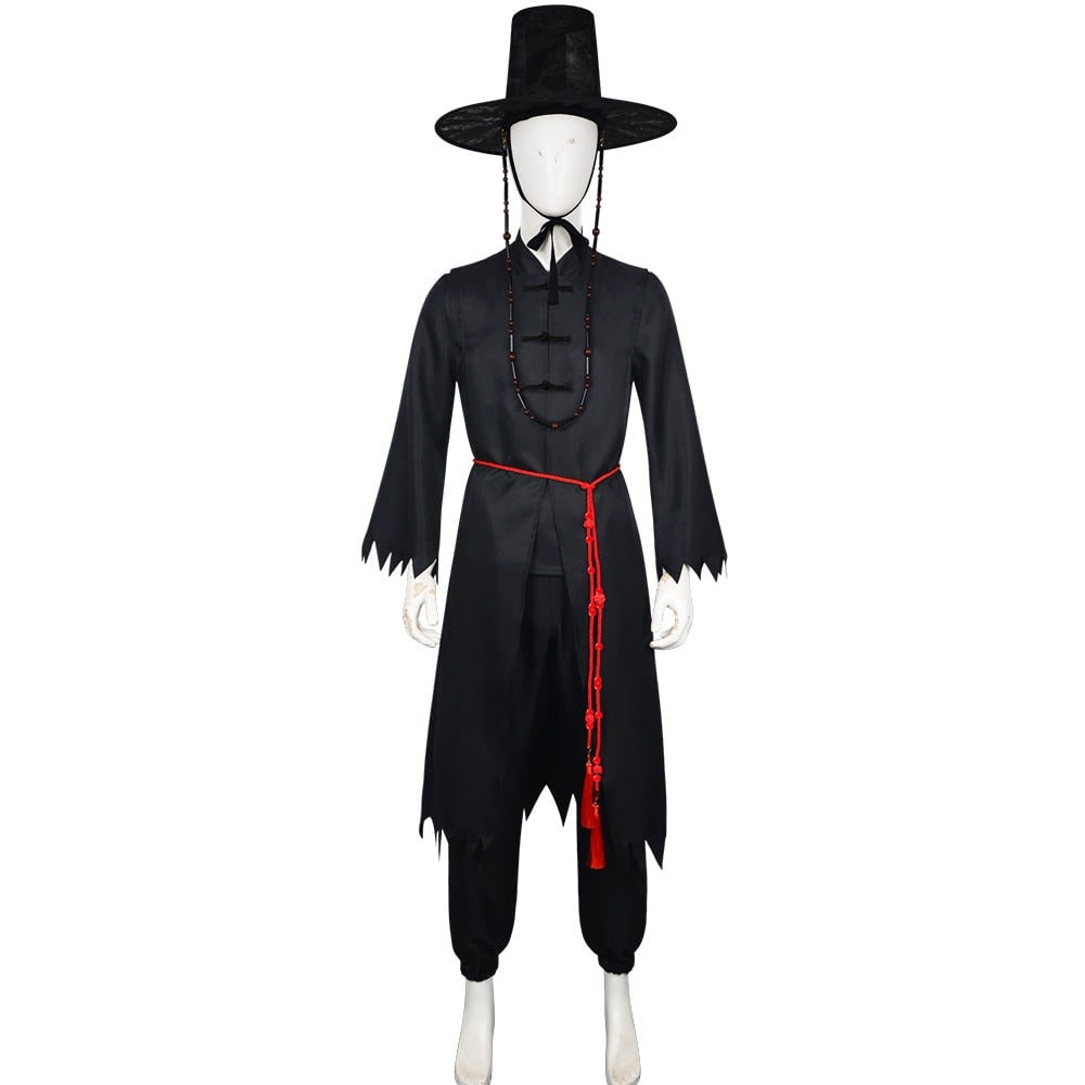 Kids Halloween Costumes Korean Hanbok Cosplay Set with Hat and Silver Chain Detail