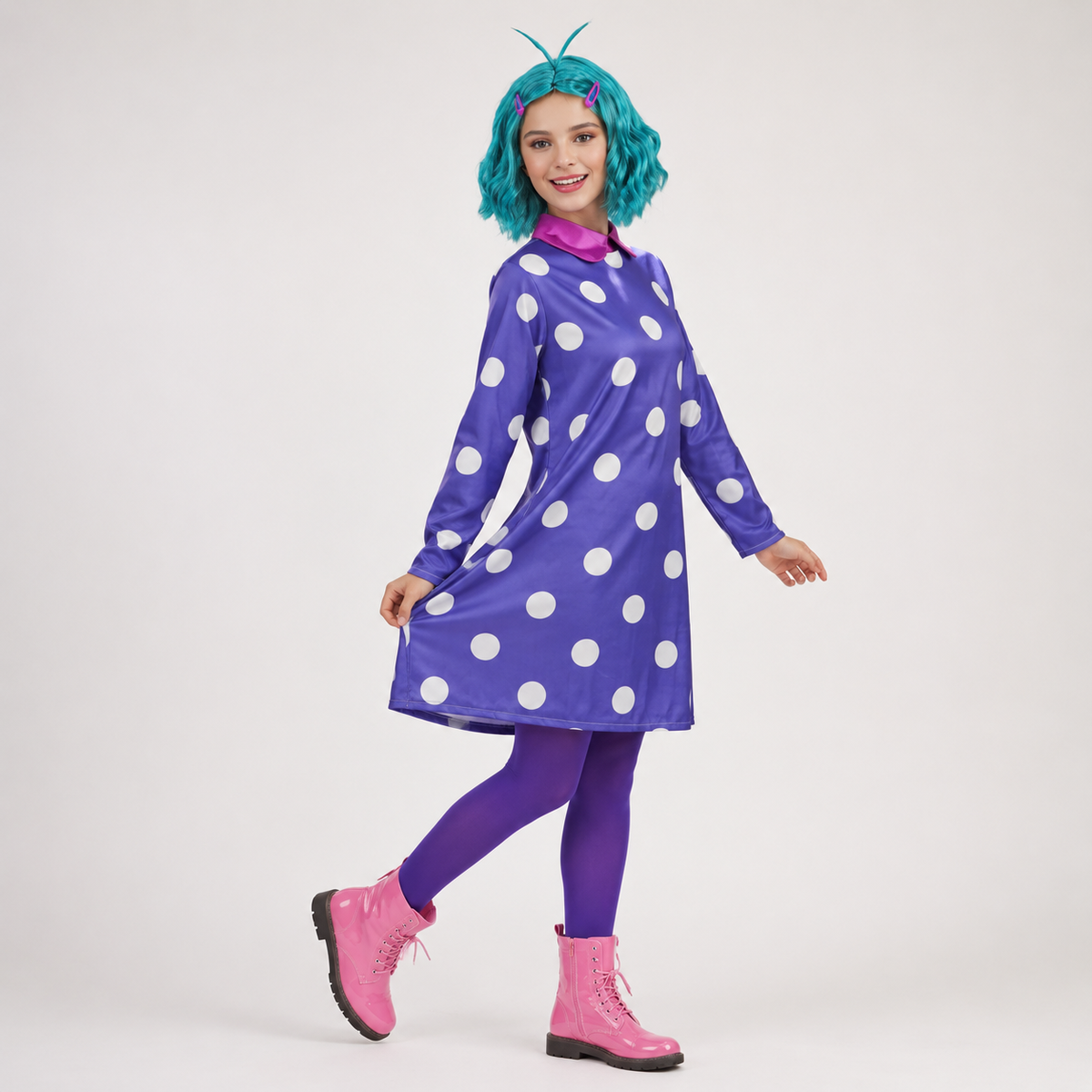 Polka Dot Character Dress with Matching Tights and Contrast Collar Trim