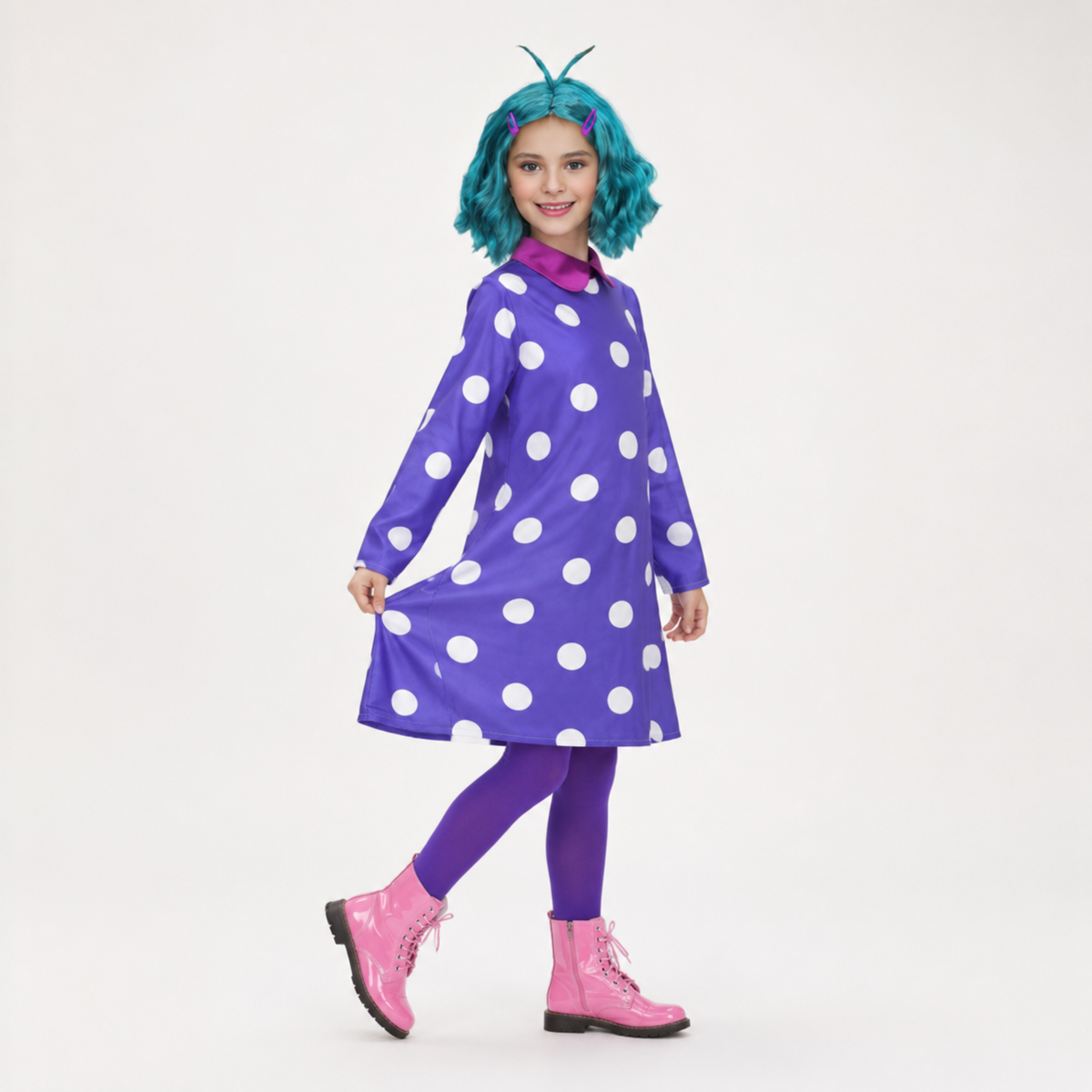 Polka Dot Character Dress with Matching Tights and Contrast Collar Trim