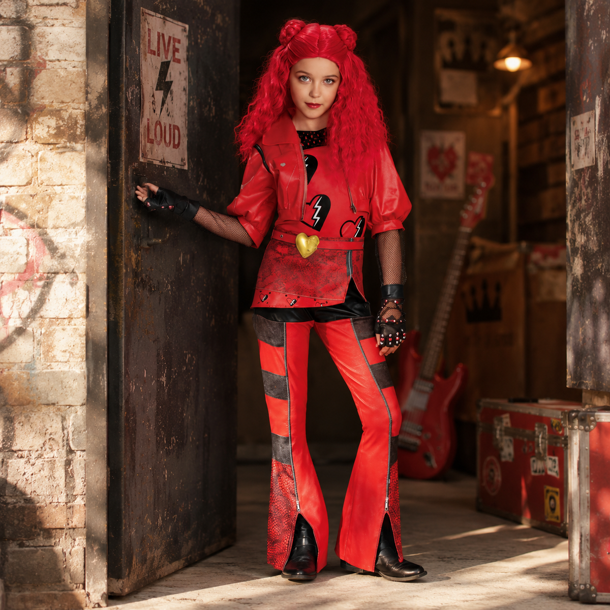 Kids Halloween Costumes Set with Faux Leather Jacket Puffed Sleeves and Studded Gloves